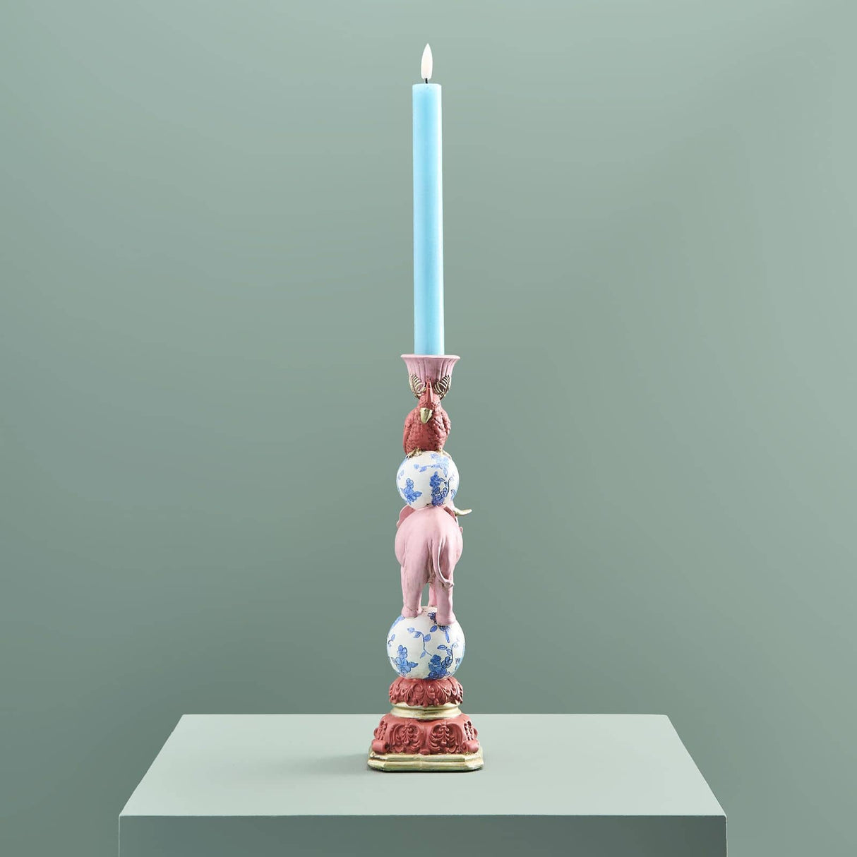 WERNS Candelabro Pappagallo su Elefante Dipinto a Mano 30,5x13cm Poliresina