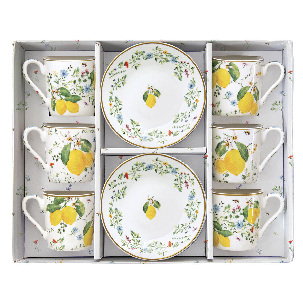 EASY LIFE Fleurs et Citrons Set 6 Tazzine Espresso con Piattini 100ml Porcellana