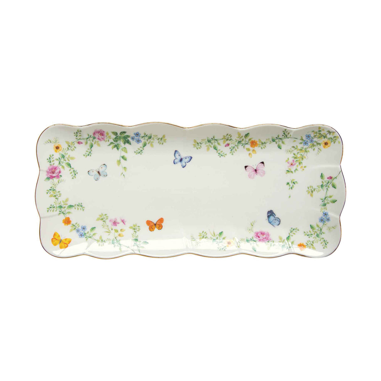 Vassoio rettangolare Easy Life in porcellana con decoro farfalle 36x14,5 cm
