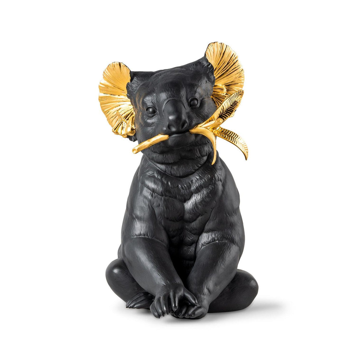Scultura Koala Lladrò in porcellana nero opaco e oro lucido 34x21 cm
