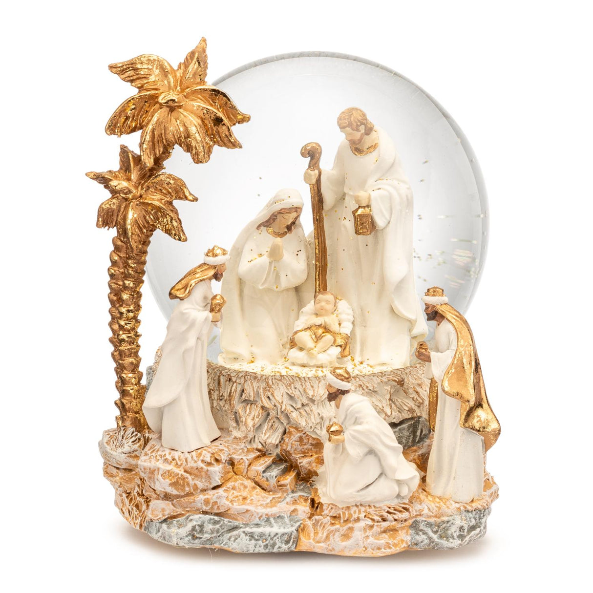 Globo di neve Natività Palais Royal in resina con base oro 13,5 cm
