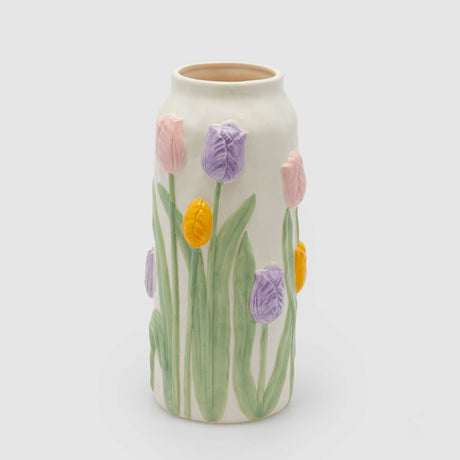 Vaso cilindrico EDG in ceramica con tulipani colorati in rilievo 30x14 cm