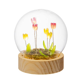 Sfera in vetro con fiori e LED Palais Royal su base in legno 10 cm