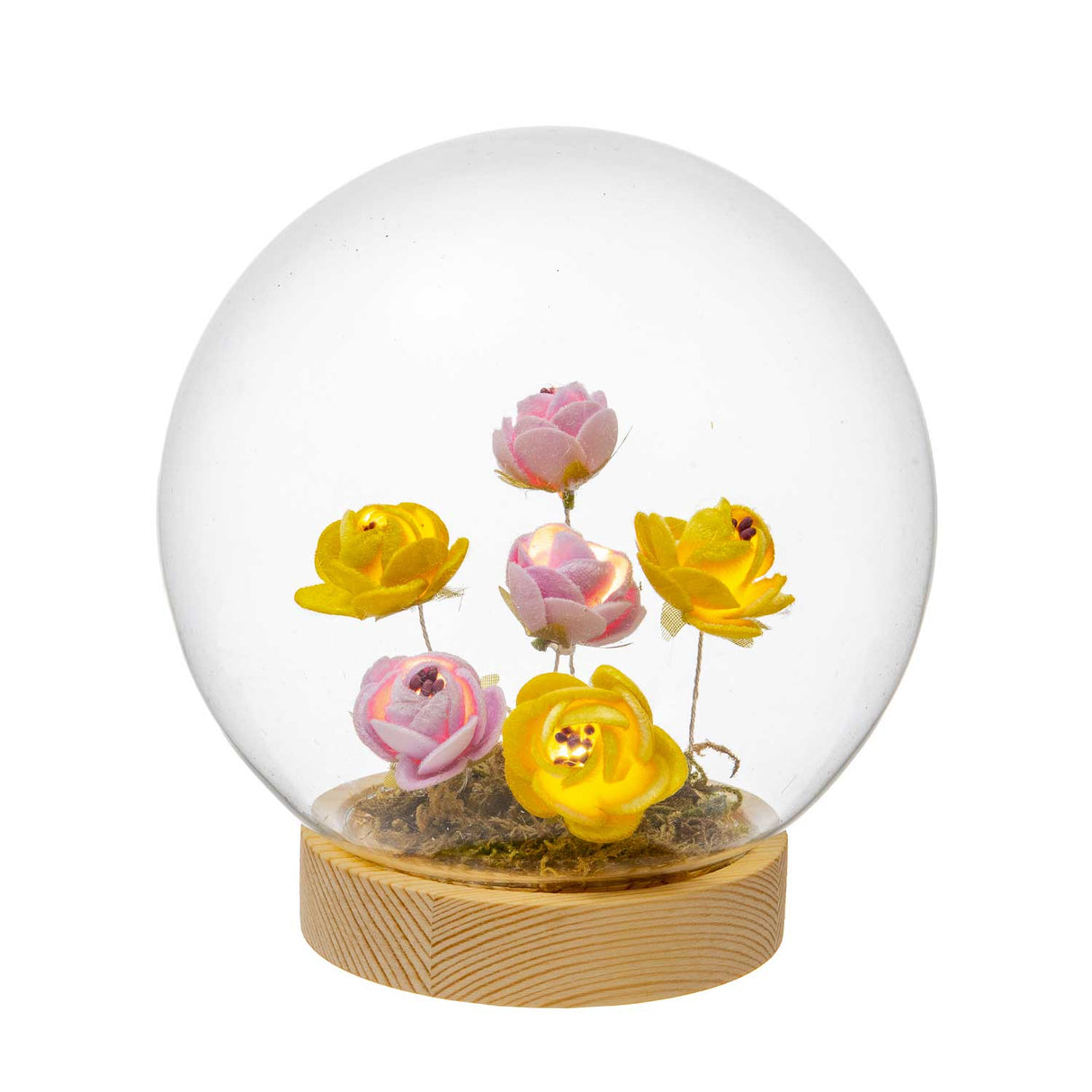 Sfera in vetro Palais Royal con rose e LED su base in legno 15 cm