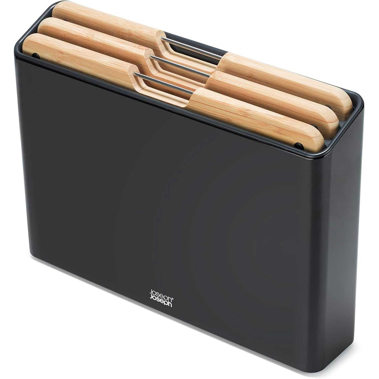 Set 3 taglieri Joseph Joseph in bambù con supporto in acciaio nero