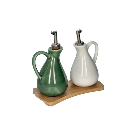 Set olio e aceto Brandani in porcellana bianca e vassoio in bamboo 19x17 cm