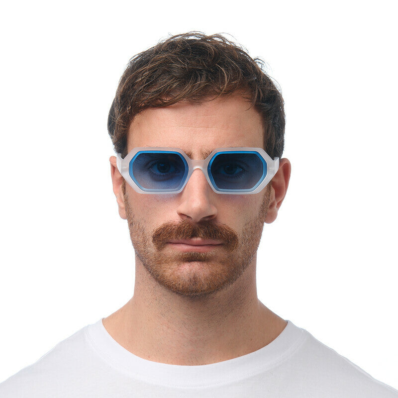 OKKIA Andrea Occhiali da Sole Unisex Esagonale Bianco Trasparente Blu