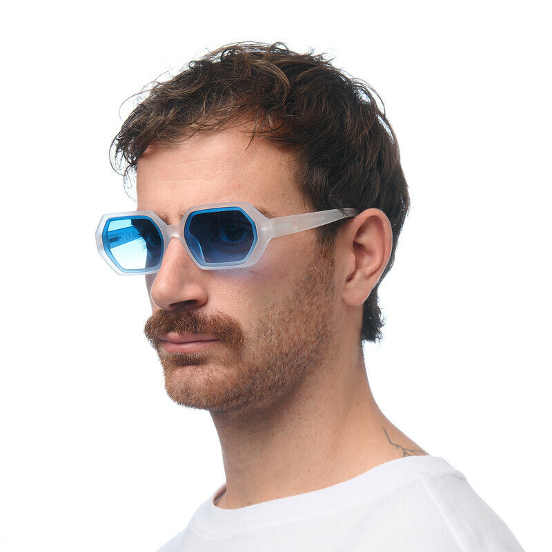 OKKIA Andrea Occhiali da Sole Unisex Esagonale Bianco Trasparente Blu