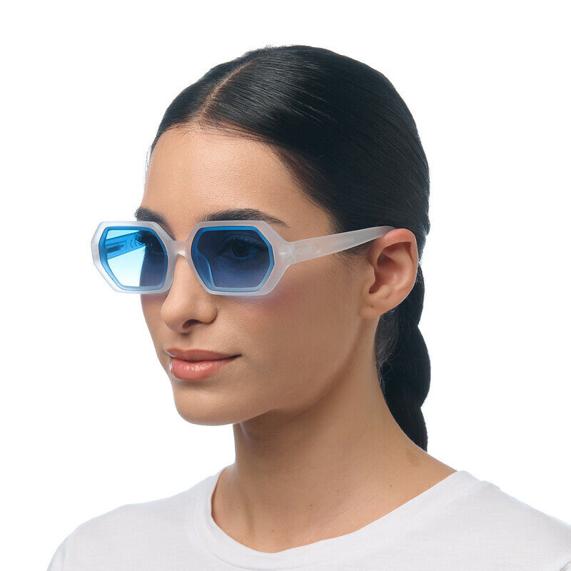OKKIA Andrea Occhiali da Sole Unisex Esagonale Bianco Trasparente Blu