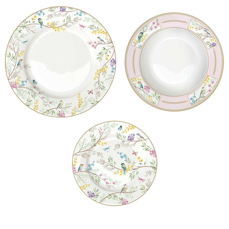Set piatti Birds Melody Easy Life in porcellana con decori floreali 18 pezzi