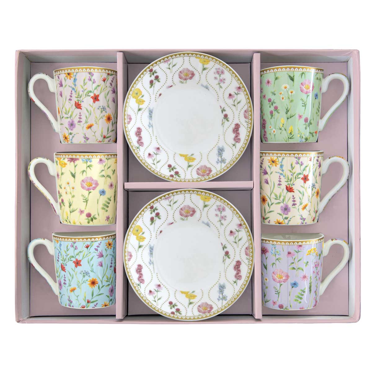 EASY LIFE Set 6 Tazzine Espresso 100ml con Piattini in Gift Box Meadow Flowers