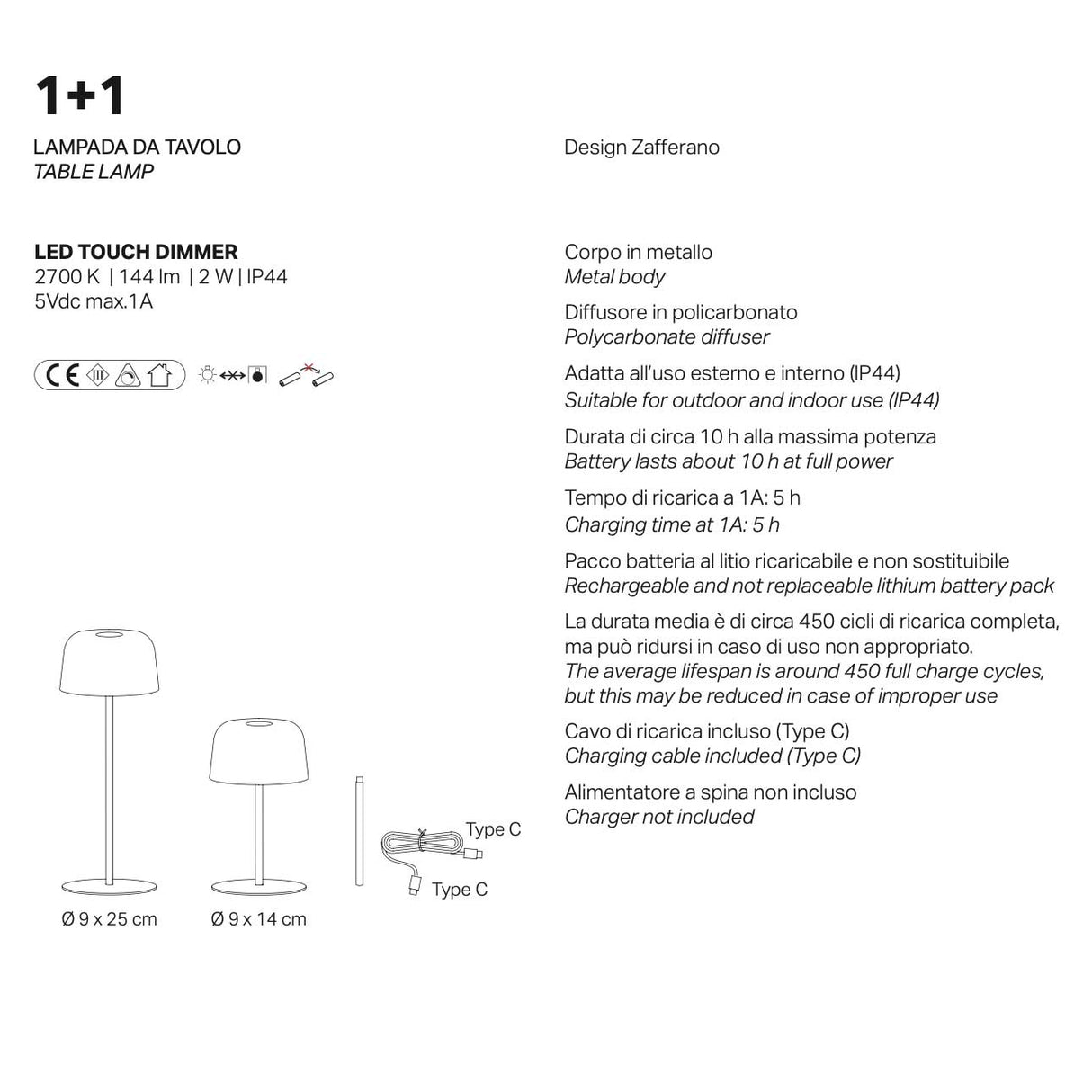 ZAFFERANO Ailati 1+1 Lampada da Tavolo Ricaricabile LED 25/14cm Salvia in Metallo