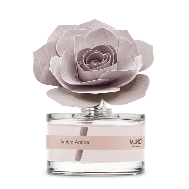 Diffusore a bastoncini Muha Rosa in vetro con fiore 50 ml Ambra Antica