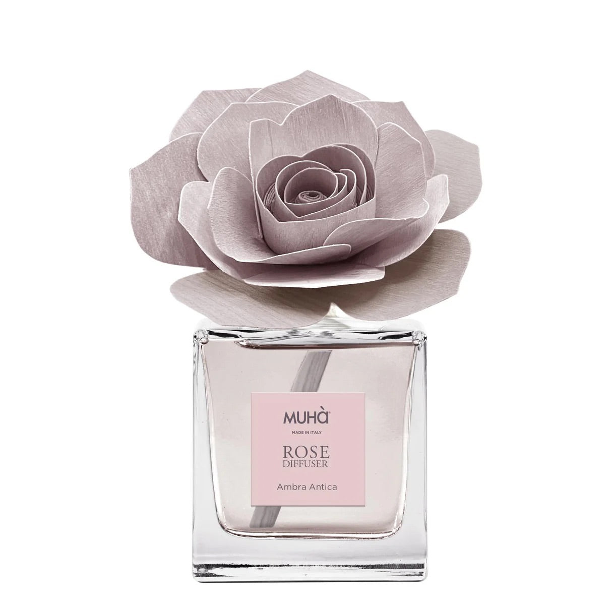 Diffusore a bastoncino Muha Rosa in vetro con fiore 100 ml Ambra Antica