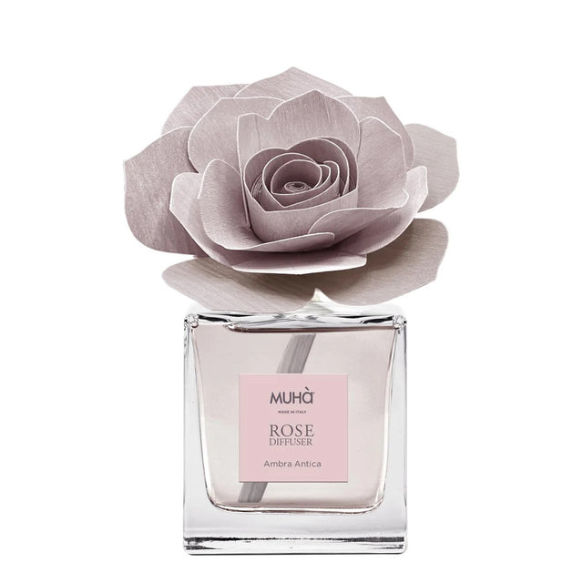 Diffusore a bastoncino Muha Rosa in vetro con fiore 100 ml Ambra Antica