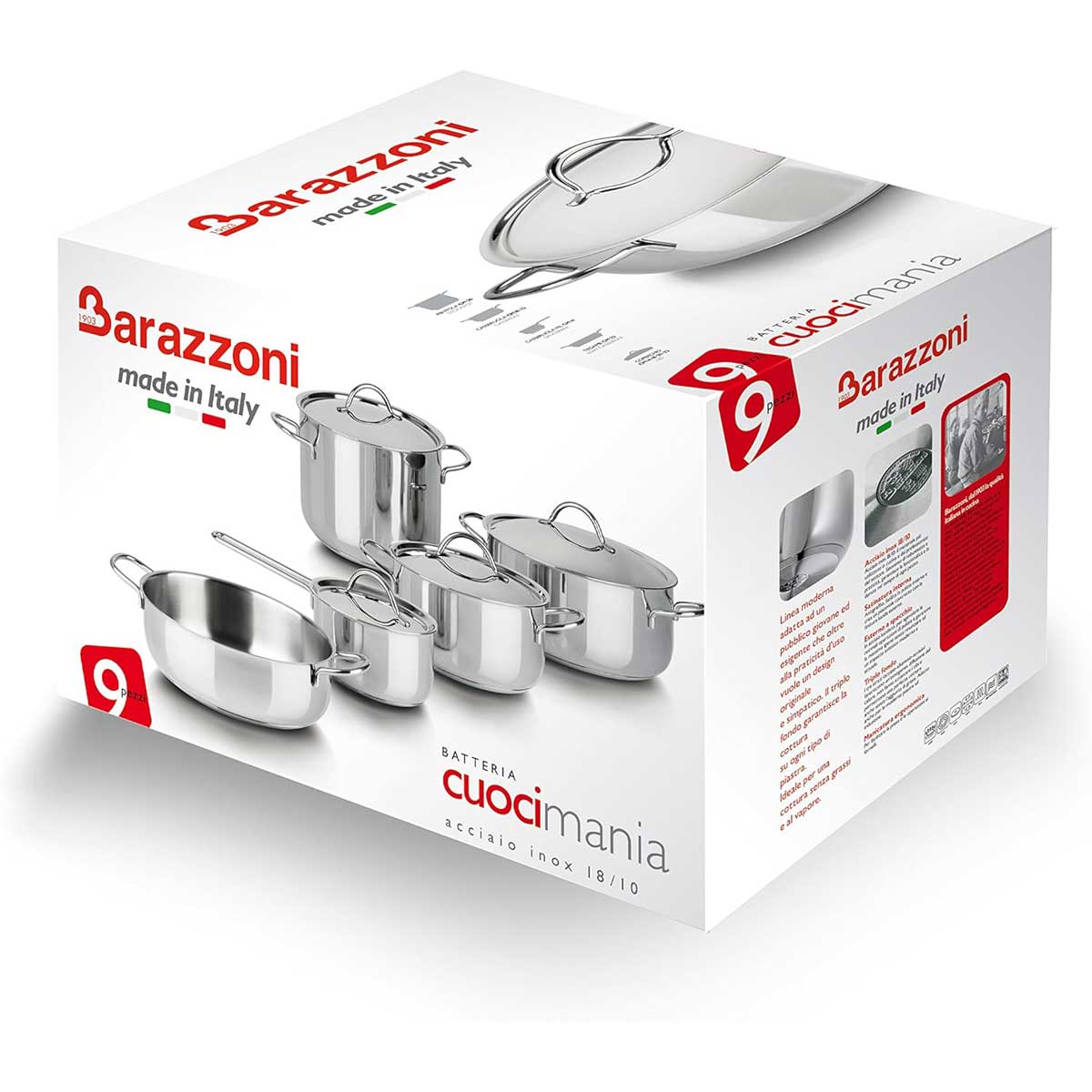 BARAZZONI Cuocimania Batteria Pentole 9 Pezzi Acciaio Inox Made in Italy
