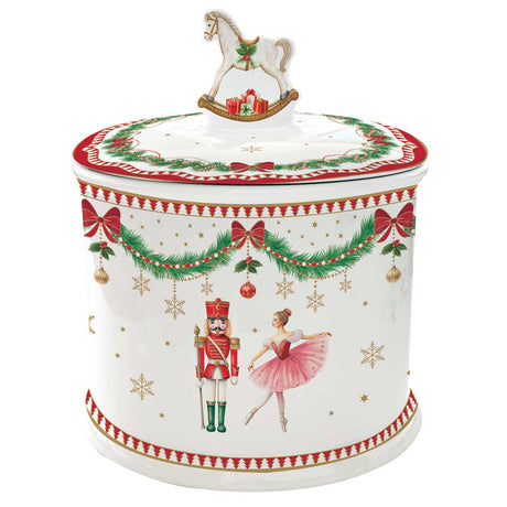 Biscottiera Magie de Noel Easy Life in porcellana con Schiaccianoci 14x16,5 cm