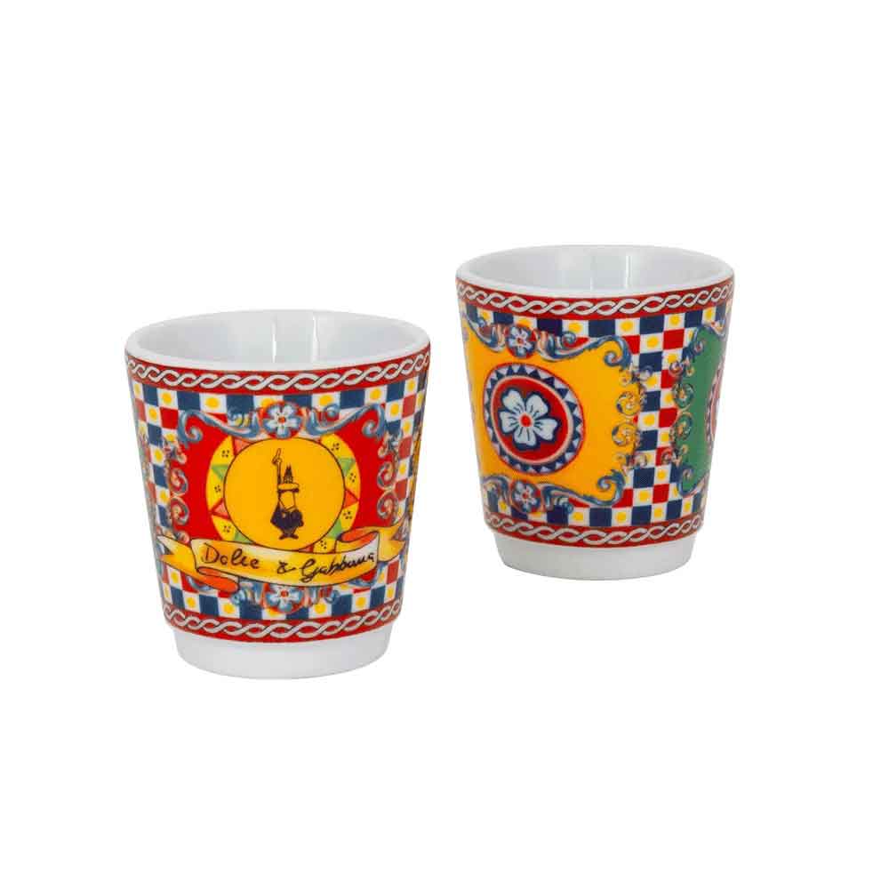 BIALETTI Dolce & Gabbana Carretto Siciliano Moka 2 Tazze con Bicchierini in Porcellana e 2 Palettine dorate