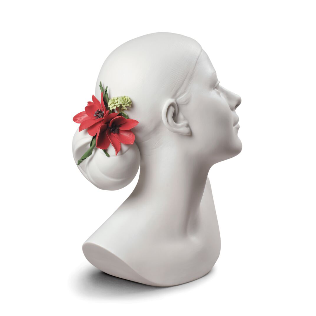 Busto donna Lladrò in porcellana opaca con fiori rossi 26x19x15 cm