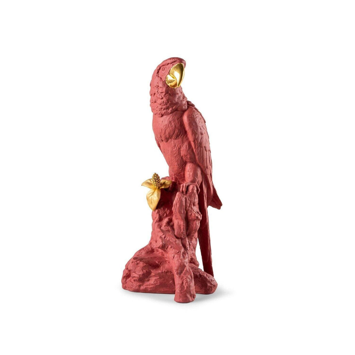 Pappagallo Ara Lladrò in porcellana rosso corallo e dettagli oro 45x22 cm
