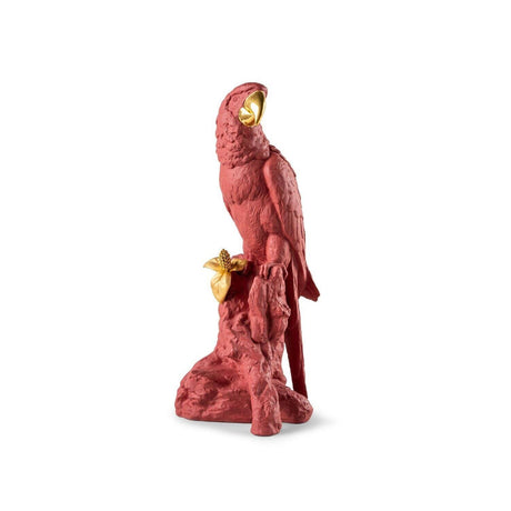 Pappagallo Ara Lladrò in porcellana rosso corallo e dettagli oro 45x22 cm