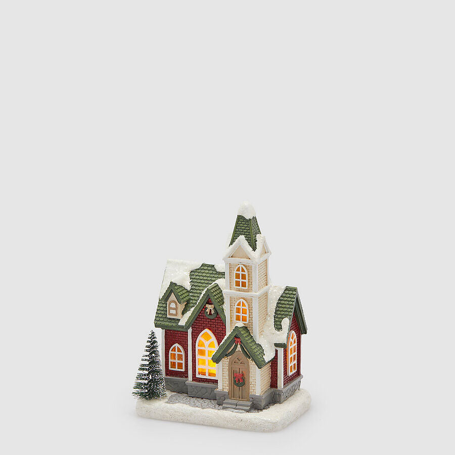 Casetta di Natale EDG in resina con tetto verde e luci LED 14,5x11,5 cm