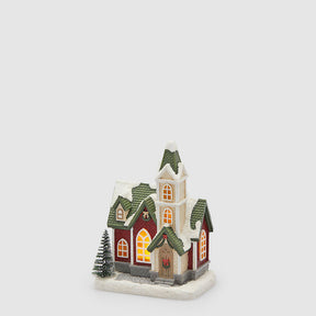 Casetta di Natale EDG in resina con tetto verde e luci LED 14,5x11,5 cm