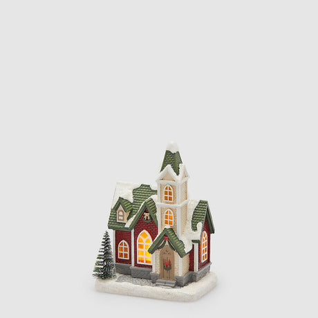 Casetta di Natale EDG in resina con tetto verde e luci LED 14,5x11,5 cm