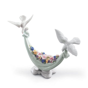 Scultura Colombe Fiori dal Cielo Lladrò in porcellana lucida 22x22 cm
