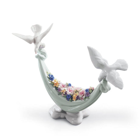 Scultura Colombe Fiori dal Cielo Lladrò in porcellana lucida 22x22 cm