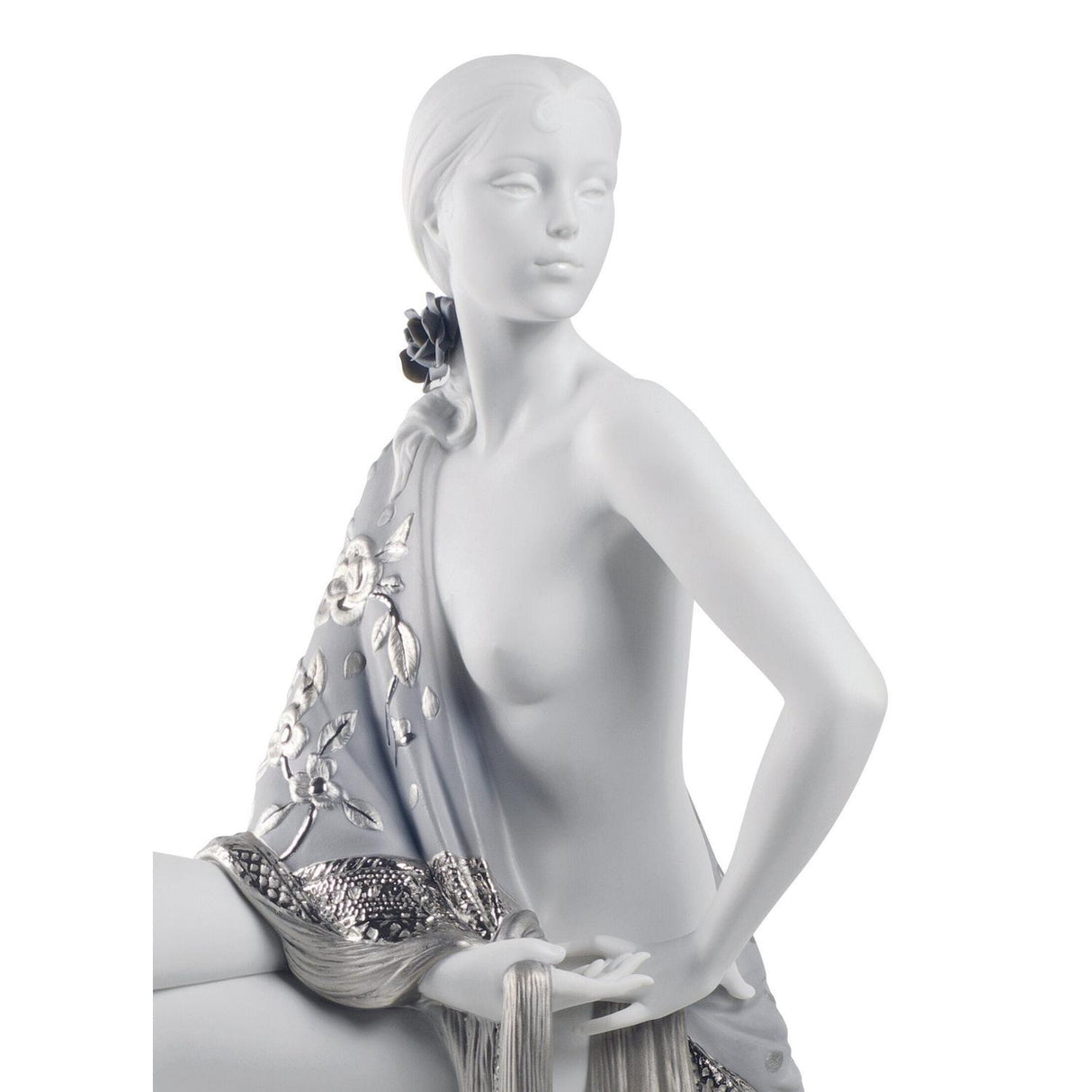 LLADRO' - Porcelain statue figure Nude Woman with shawl. Silver luster