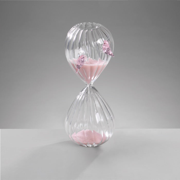 Clessidra con uccellini Mascagni Casa in vetro con sabbia rosa 16 cm