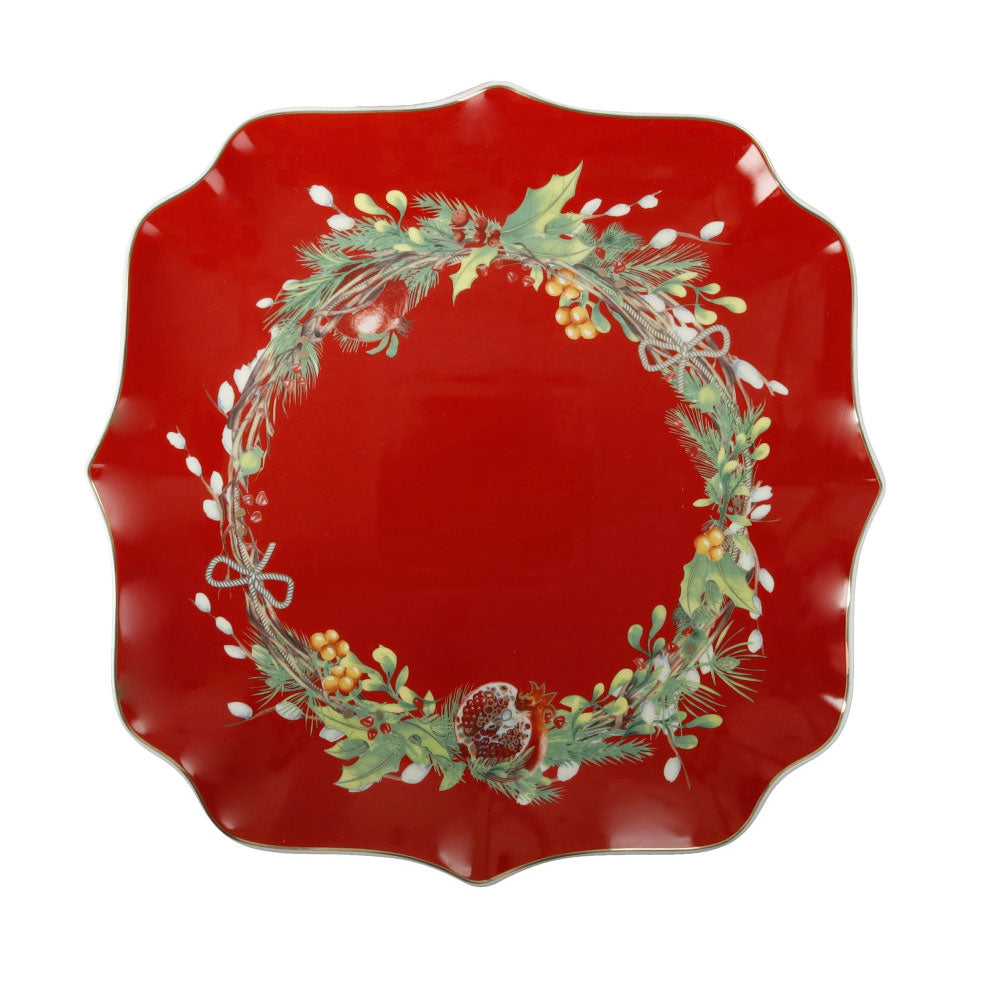 Piatto da portata quadrato Brandani porcellana rossa con decoro natalizio