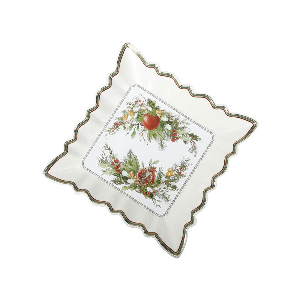 Antipastiera quadrata Brandani in porcellana con decoro natalizio 23,5 cm