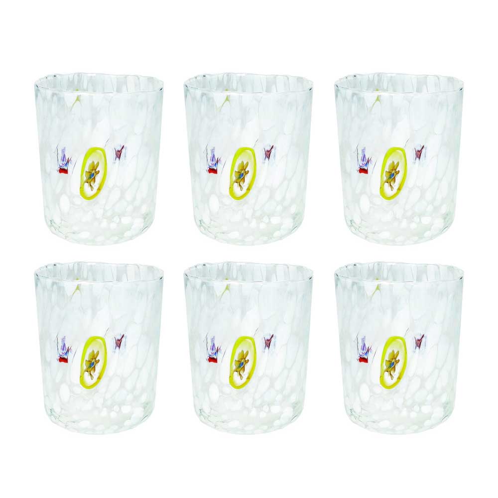 Set 6 bicchieri Pavone Brandani in vetro trasparente decoro bianco 400 ml