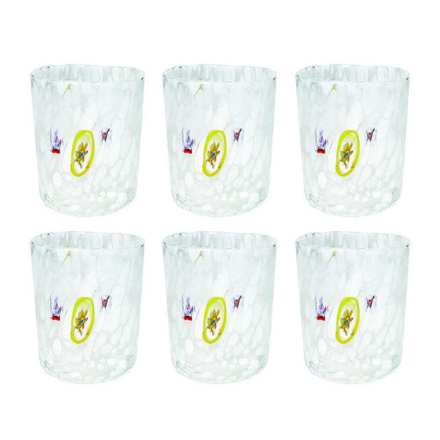 Set 6 bicchieri Pavone Brandani in vetro trasparente decoro bianco 400 ml
