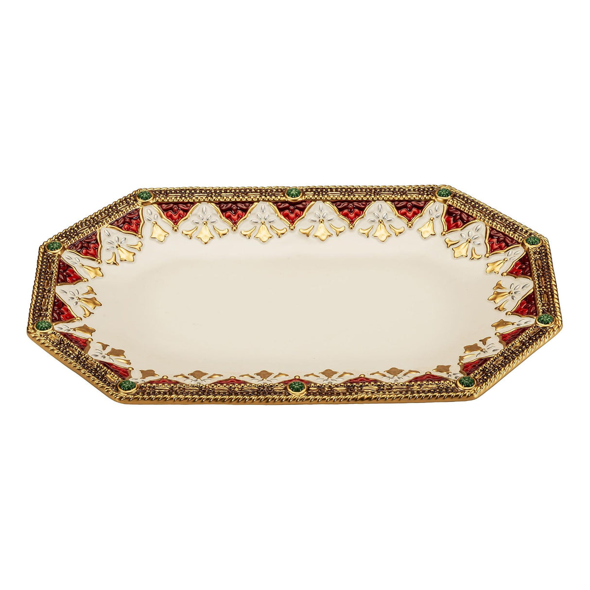 Vassoio centrotavola Fitz and Floyd in porcellana decoro oro e rosso 35x22 cm