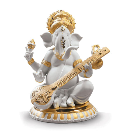 Statuina Ganesha con Veena Lladrò in porcellana con dettagli lustro oro