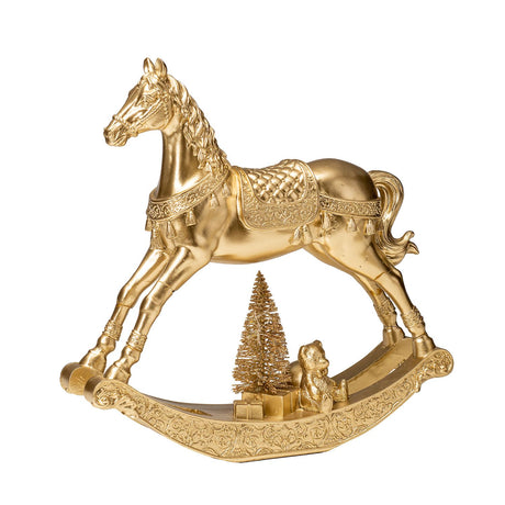 Cavallo a dondolo Noel in poliresina oro con luci LED 30 cm