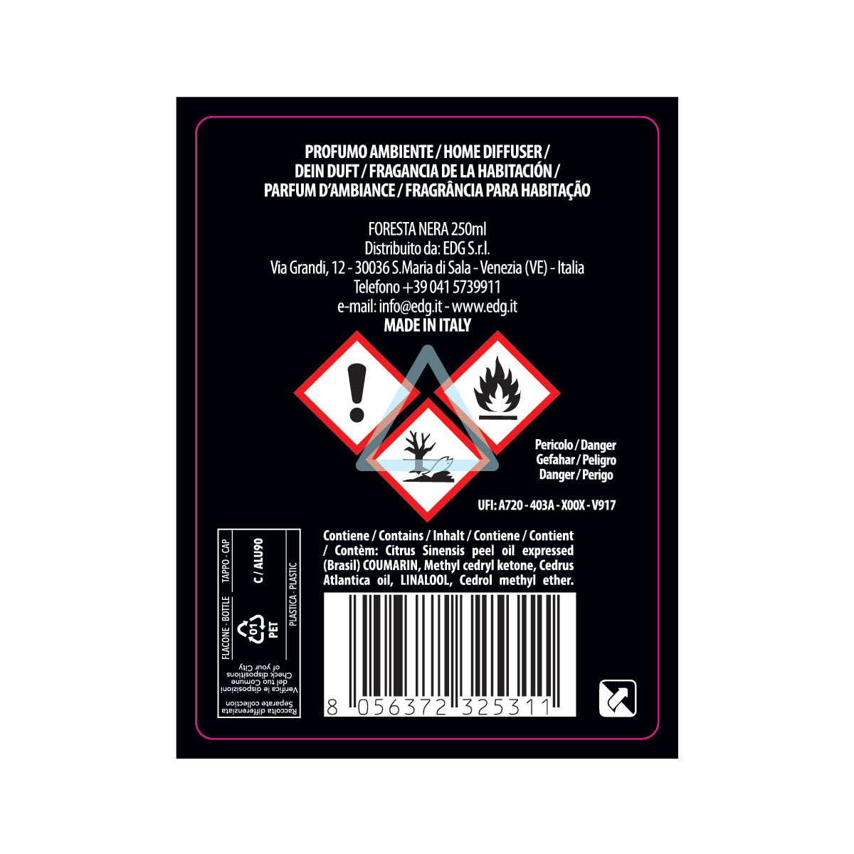 EDG Enzo De Gasperi Ricarica per Diffusore Profumatore 250ml Foresta Nera