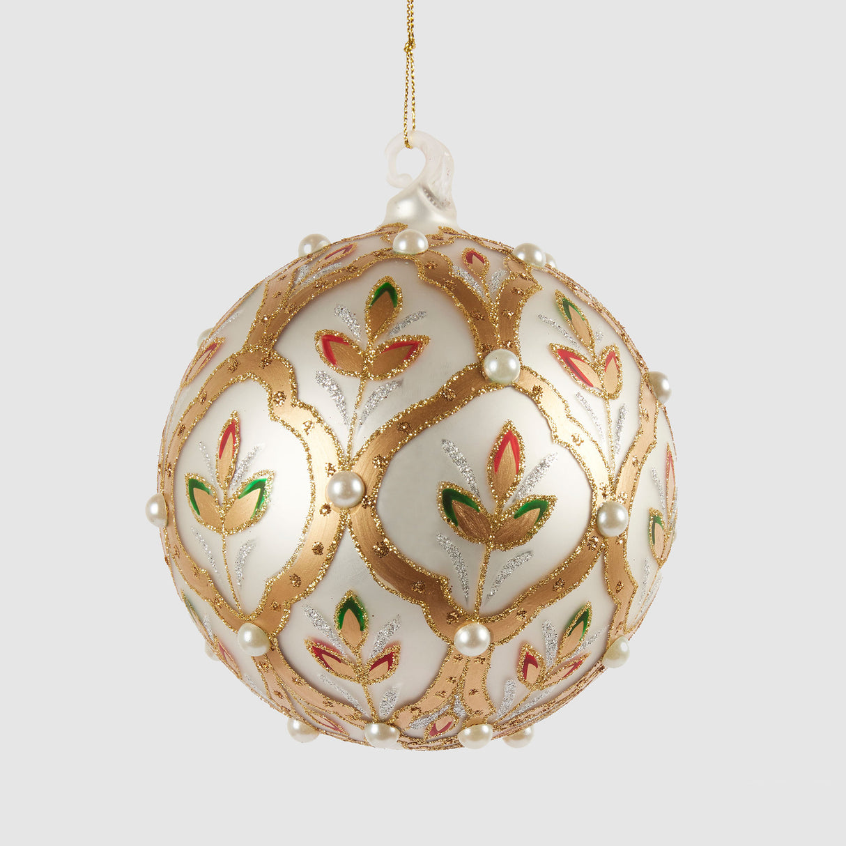 Pallina di Natale EDG in vetro decoro fiori bianco e oro 12 cm