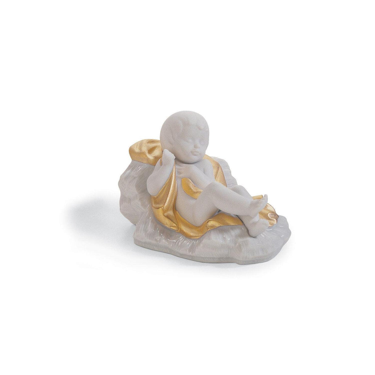 Statuina Gesù Bambino Lladrò in porcellana opaca con dettagli oro 6x9 cm