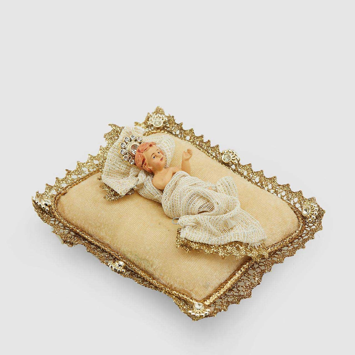 Statuina Gesù Bambino EDG in resina su cuscino dorato 14x12 cm