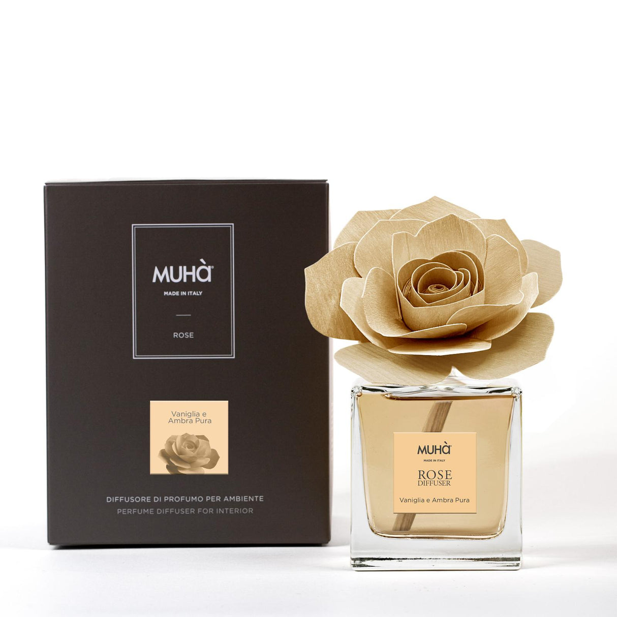 MUHA' Profumatore D'Ambiente Diffusore Rosa 100ml Vaniglia e Ambra Pura