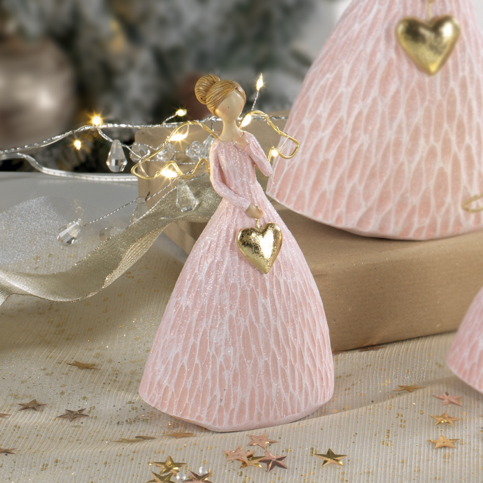Angelo di Natale LED Mascagni Casa in resina rosa 15 cm