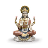 Statuetta Dea Lakshmi Lladrò in porcellana su fiore di loto 22x18 cm