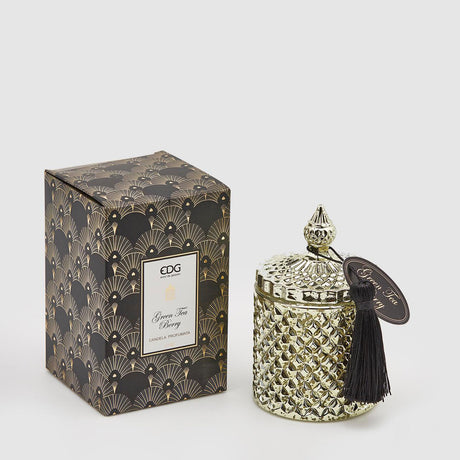 Candela profumata EDG in vetro color oro con nappa 8x14 cm