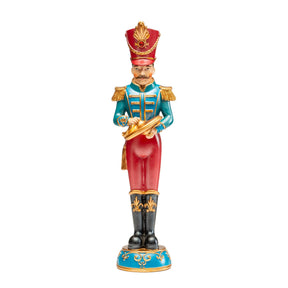 Schiaccianoci Noel in resina 33 cm con divisa azzurra e piatti decorativi