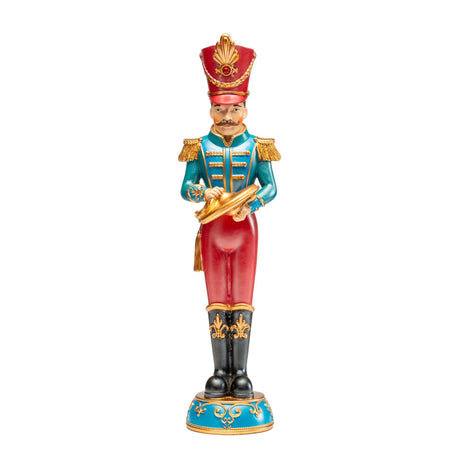 Schiaccianoci Noel in resina 33 cm con divisa azzurra e piatti decorativi