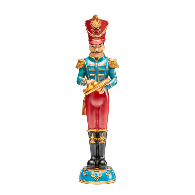Schiaccianoci Noel in resina 33 cm con divisa azzurra e piatti decorativi